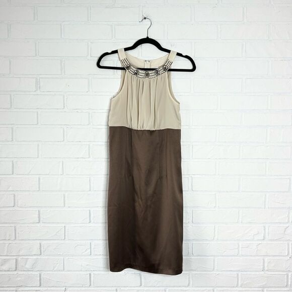 New Brown Satin Beige Chiffon Beaded Neckline Sleeveless Sheath Dress. - Picture 4 of 11